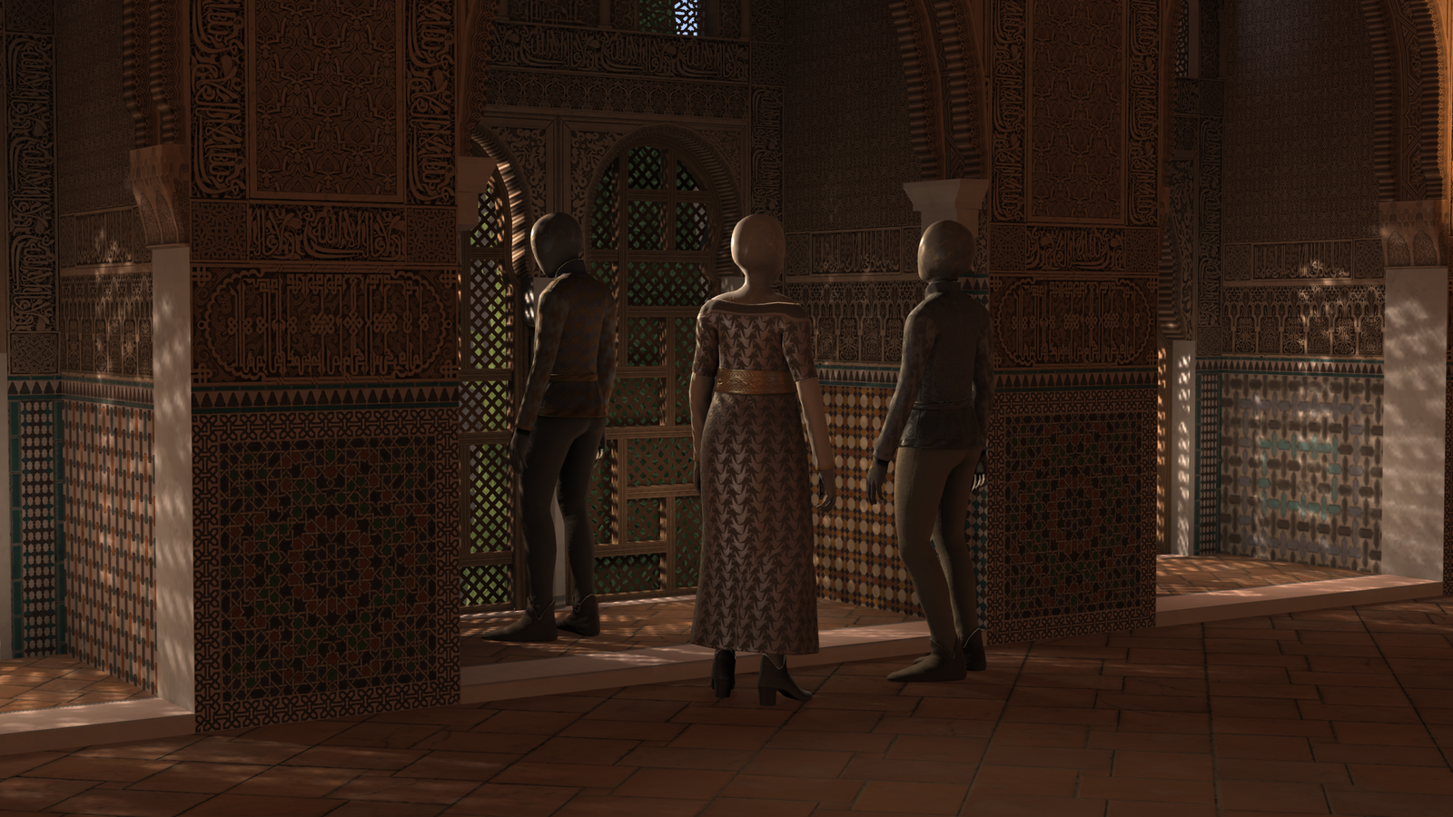Visitors in the Alhambra-inspired hall of the M.C. Escher VR experience