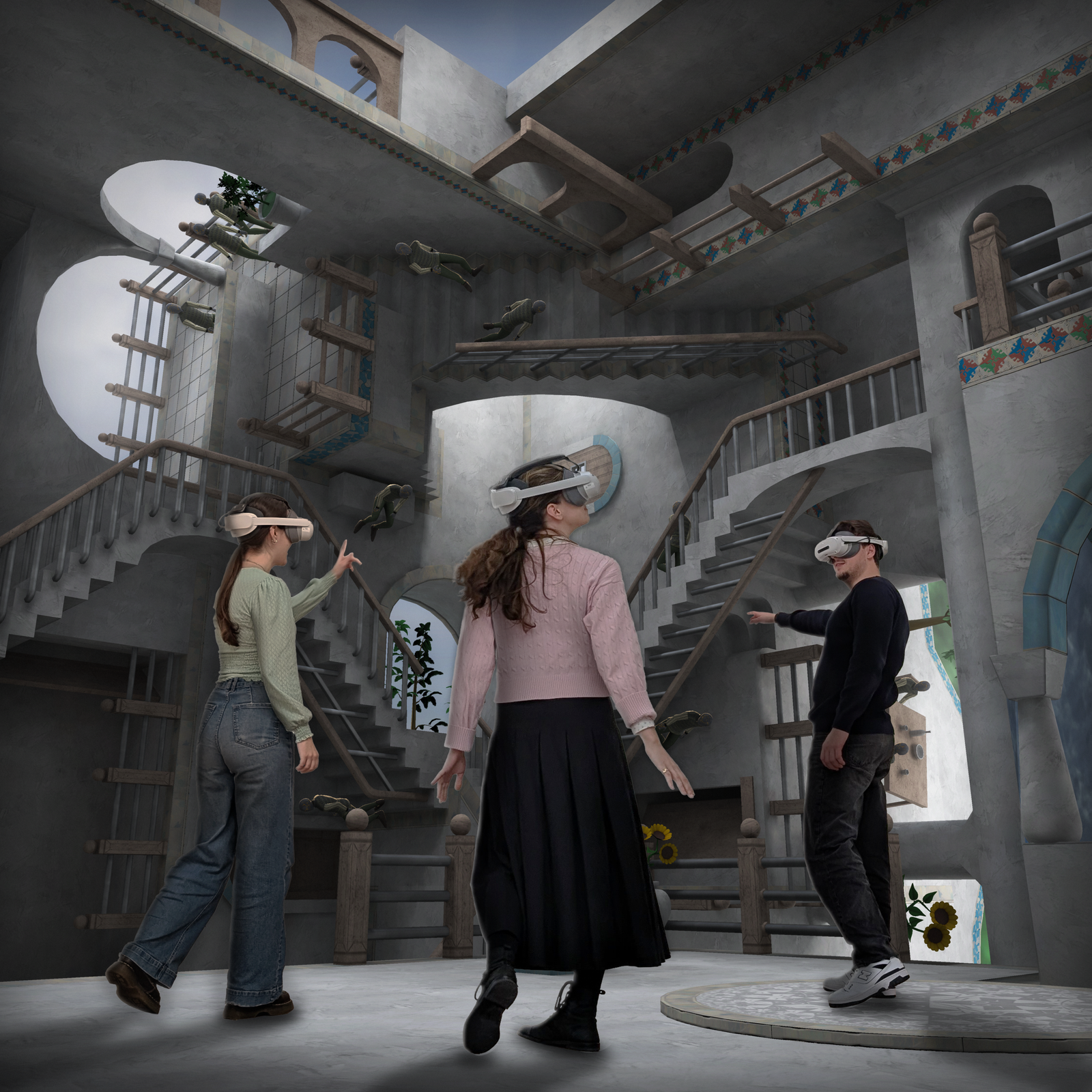 Visitors walking the impossible staircases of Escher's Relativity in VR