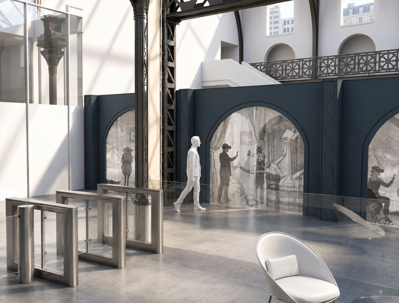 Entrance and lobby of the venue, with ticket gates and arches leading through to the exhibition rooms.