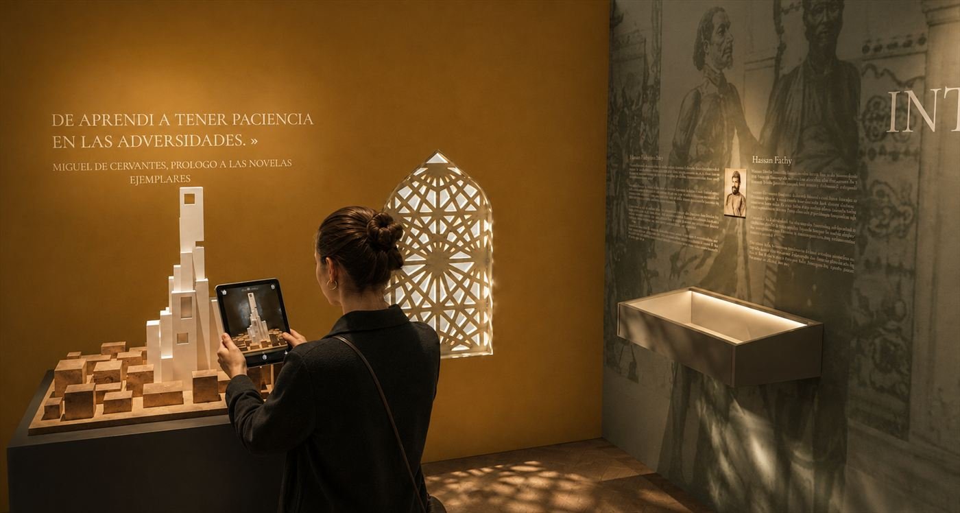 A visitor using a tablet in front of an illuminated model, against an ochre wall carrying a Cervantes quotation.