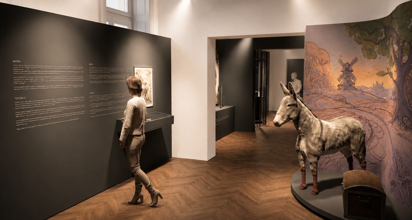 A room with a curved mural of windmills and a life-size donkey beside text panels.