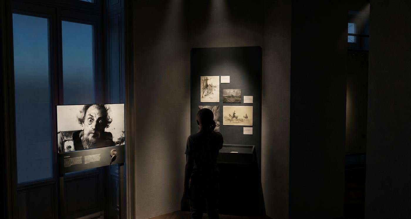 A darkened room with an illuminated screen and framed historical engravings on the wall.