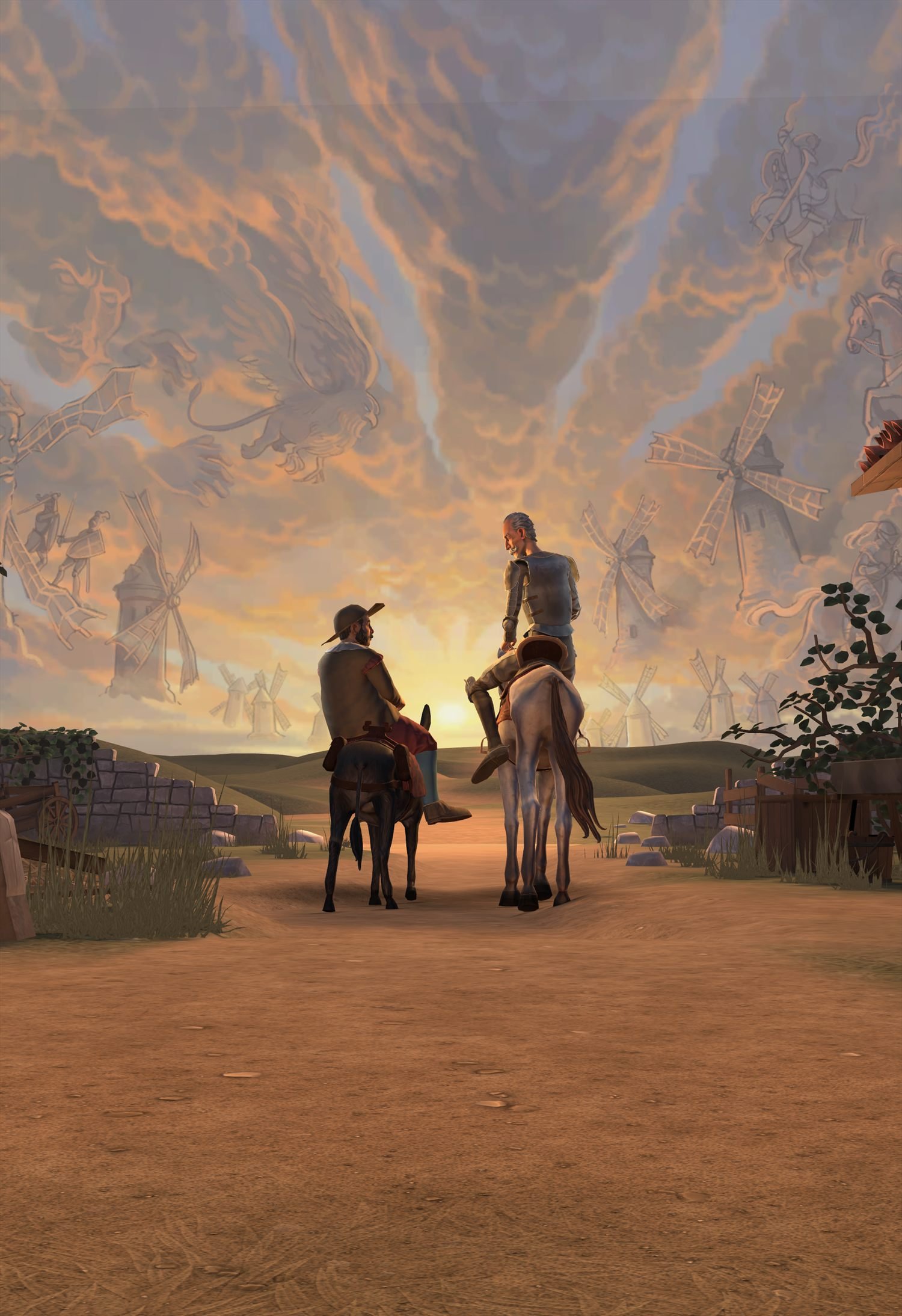 Don Quijote and Sancho riding towards the sunset among windmills — campaign key art for the Cervantes immersive exhibition.