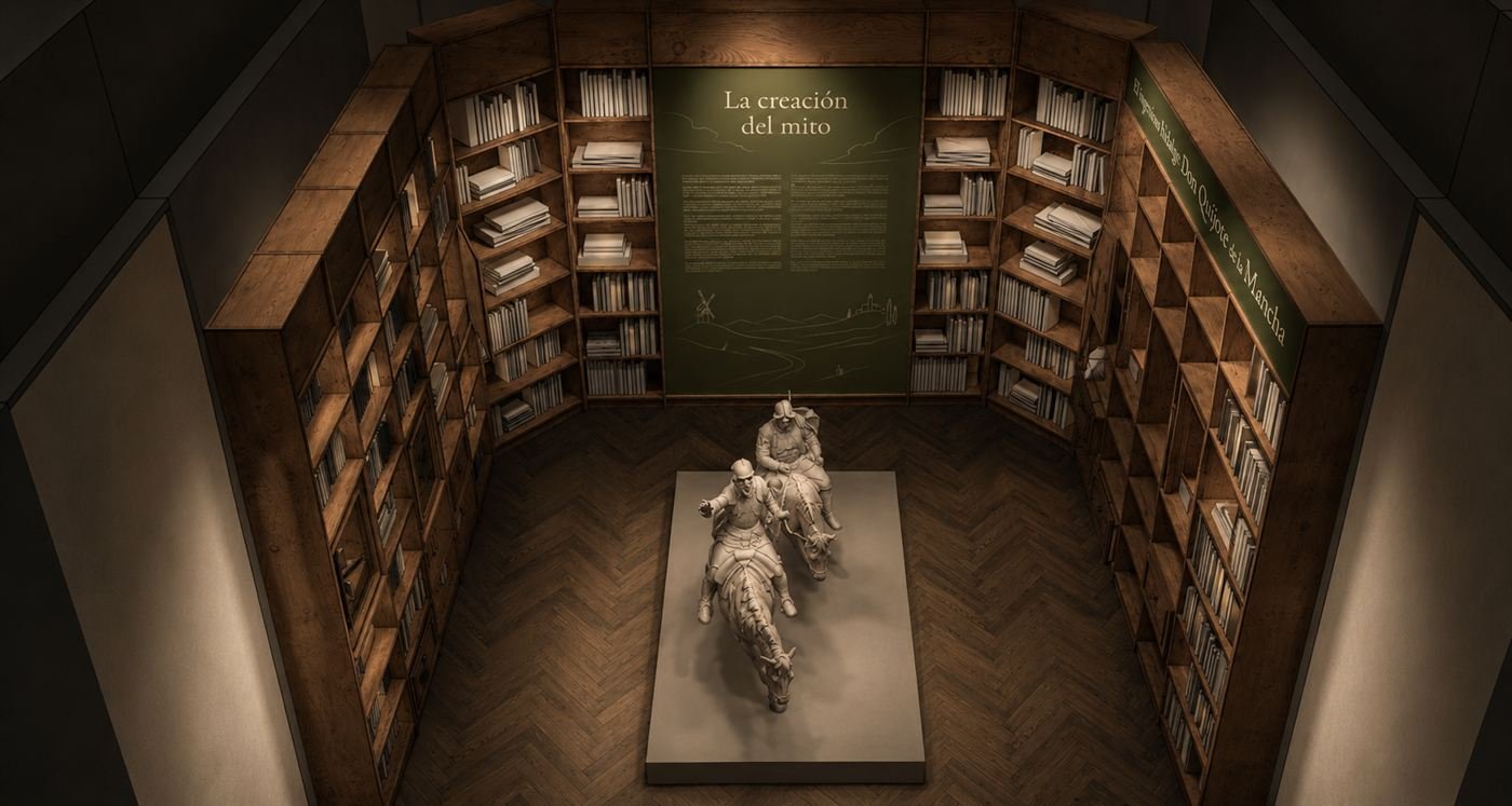 Overhead view of the making-of-the-myth room: shelves of books surrounding the Don Quijote sculpture.