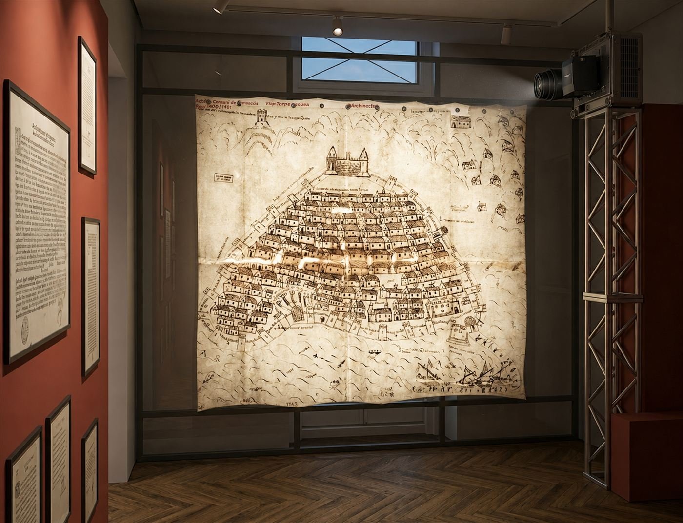 A large historical plan of a walled city shown at monumental scale, beside framed documents.