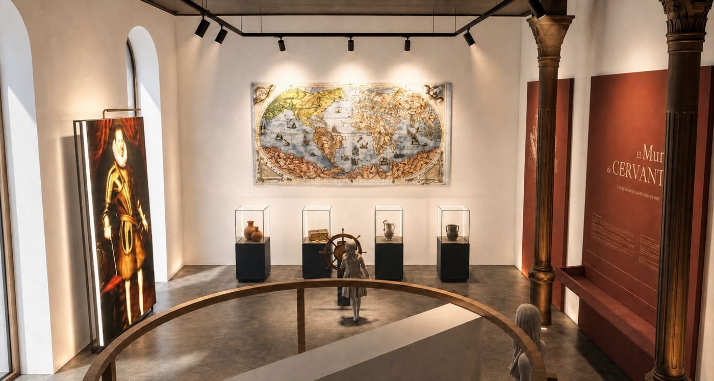 The world of Cervantes: an antique world map, display cases of historical objects and a large-format portrait.