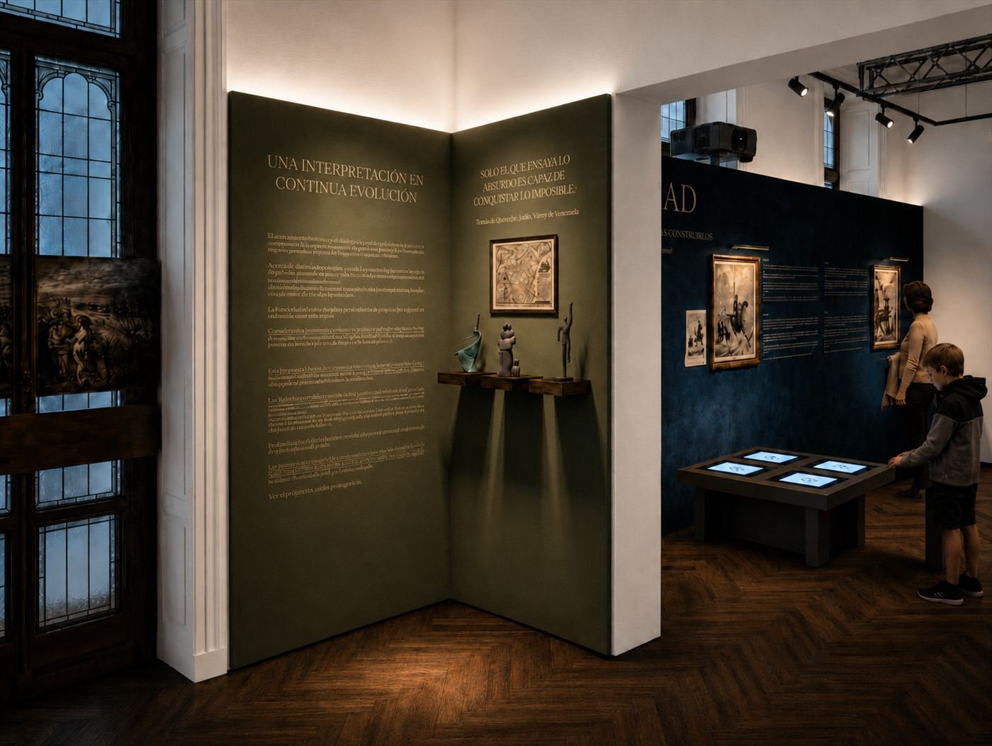 An adult and two children looking at engravings and an interactive table in one of the exhibition rooms.
