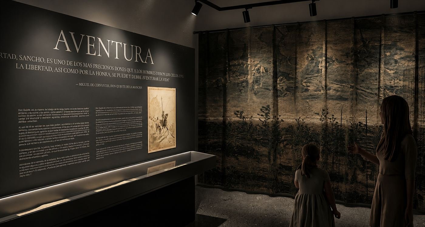 The Adventure room: a large Cervantes quotation on a dark wall facing a monumental illuminated tapestry.