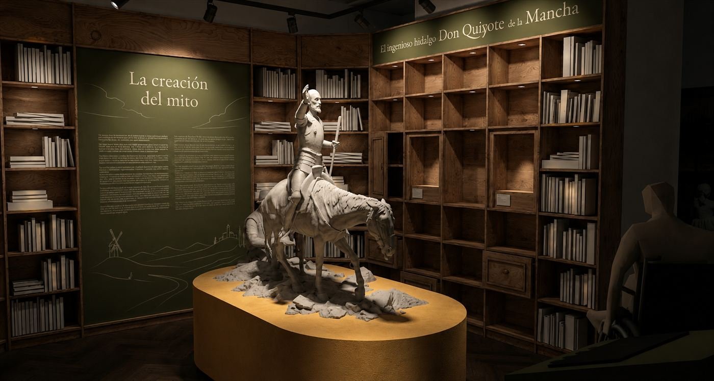 The making of the myth: a sculpture of Don Quijote on horseback on a golden plinth, surrounded by walls of books.