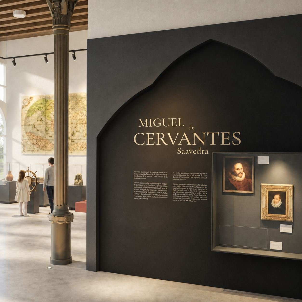 Room dedicated to Miguel de Cervantes Saavedra, his name in gold lettering on a dark wall beside historical portraits.