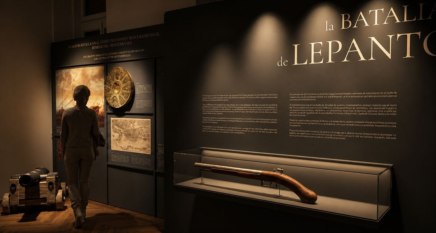 The Battle of Lepanto room: a harquebus in a display case, historical cartography and a visitor seen from behind.