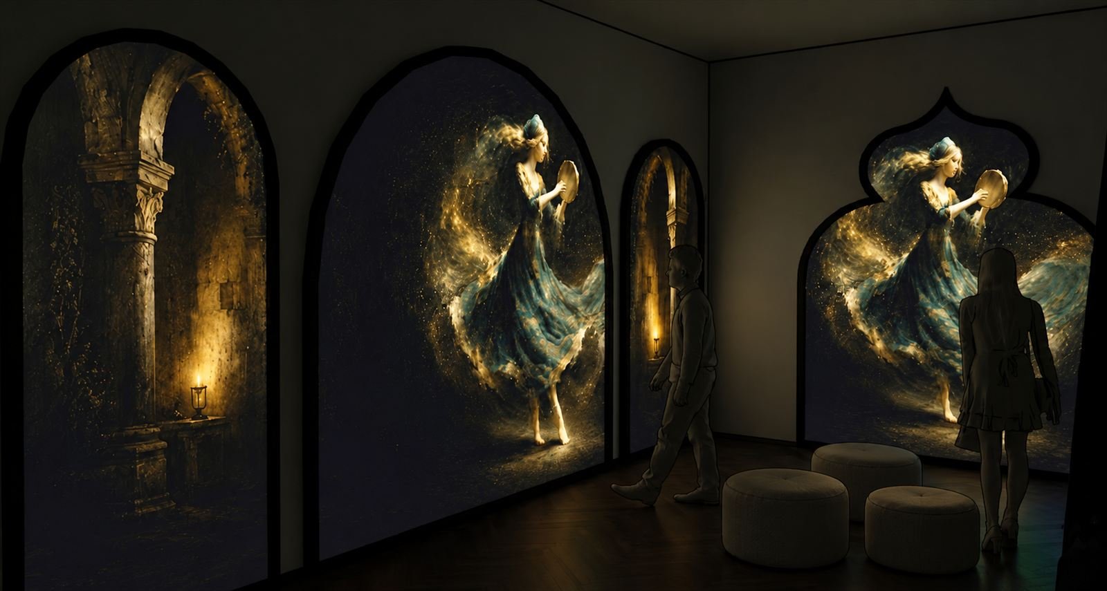 Projection room with tall illuminated arches and a golden figure moving across the screens.