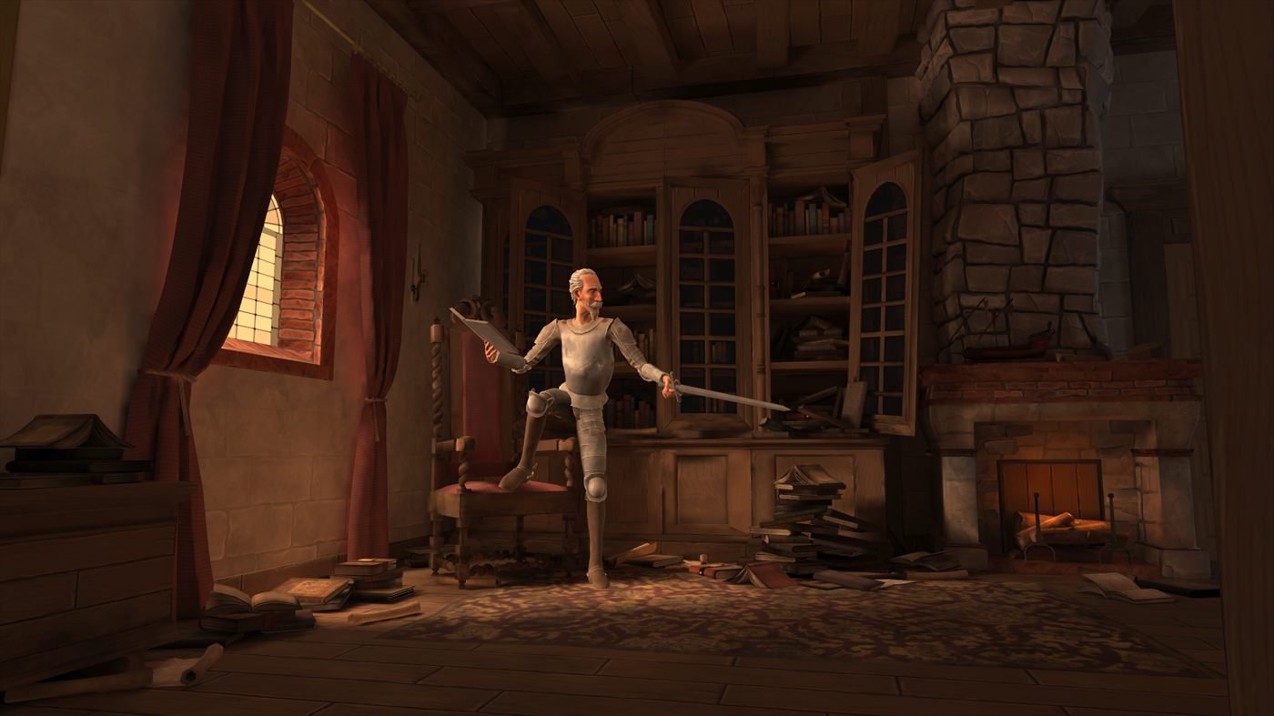 From the VR experience: Don Quijote in armour, sword in hand, in a library full of books.
