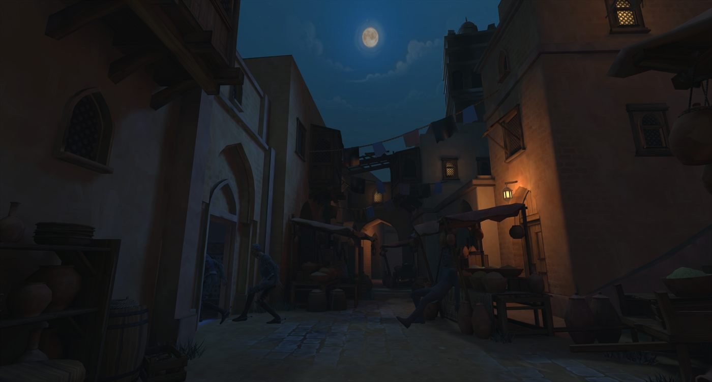 From the VR experience: a Mediterranean street at night under the moon, with figures in movement.