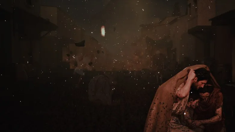 A family sheltering together as ash falls on Pompeii