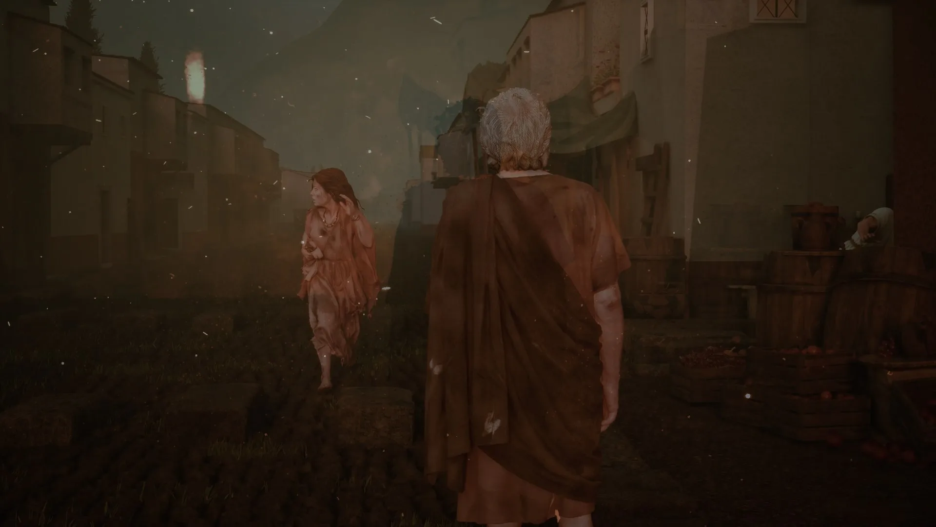 Inhabitants of Pompeii fleeing under the falling ash