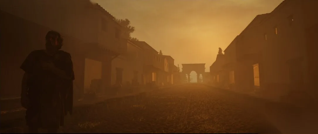A street of Pompeii under an ash-laden sky